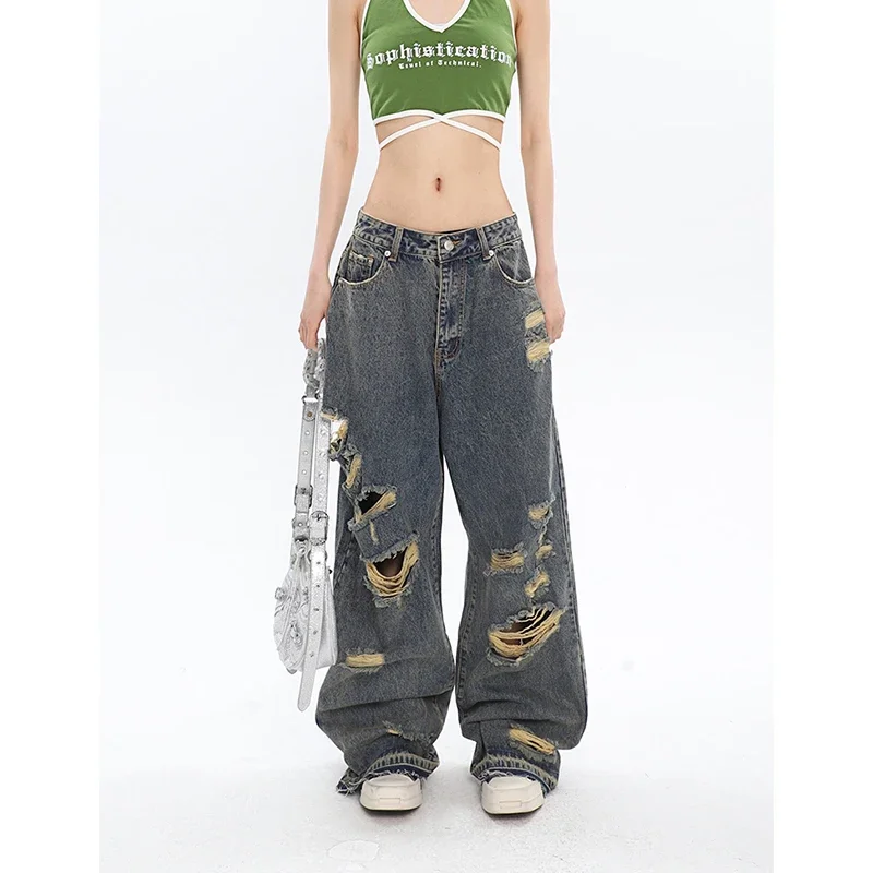 

Blue Jeans Women Hollow Out Fashion Y2K High Waist Grunge Wide Leg Pants Streetwear Female Pants Winter Straight Trousers