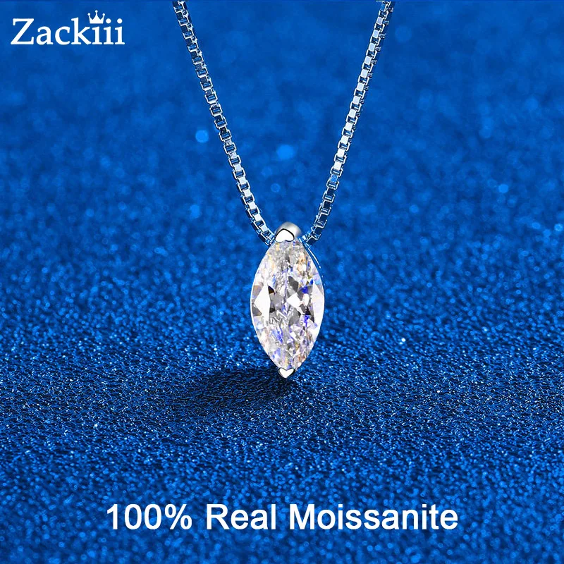 

Zackiii 1CT Marquise Cut Moissanite Necklace for Women Box Chain 5*10mm Stone S925 Sterling Silver Pendant Lab Diamond Jewelry