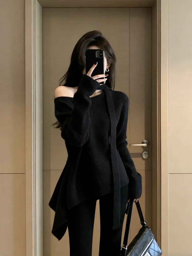 

Laid-ba Sle Bla Off-oulder Long Sve Knitted Sweater Women's Faionable Versatile Winter New Arrival Top