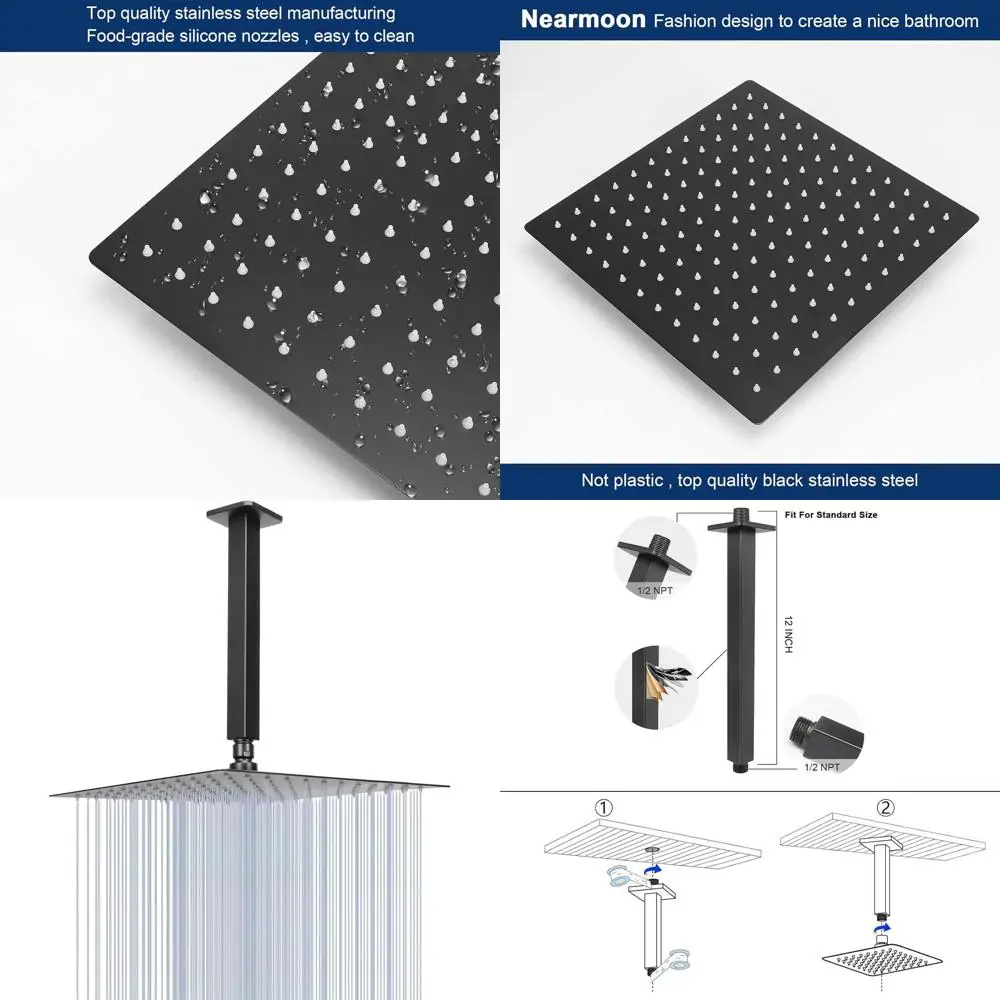 

12-Inch Matte Black Square Stainless Steel Ceiling-Mounted Rainfall Shower Head for Full Body Coverage