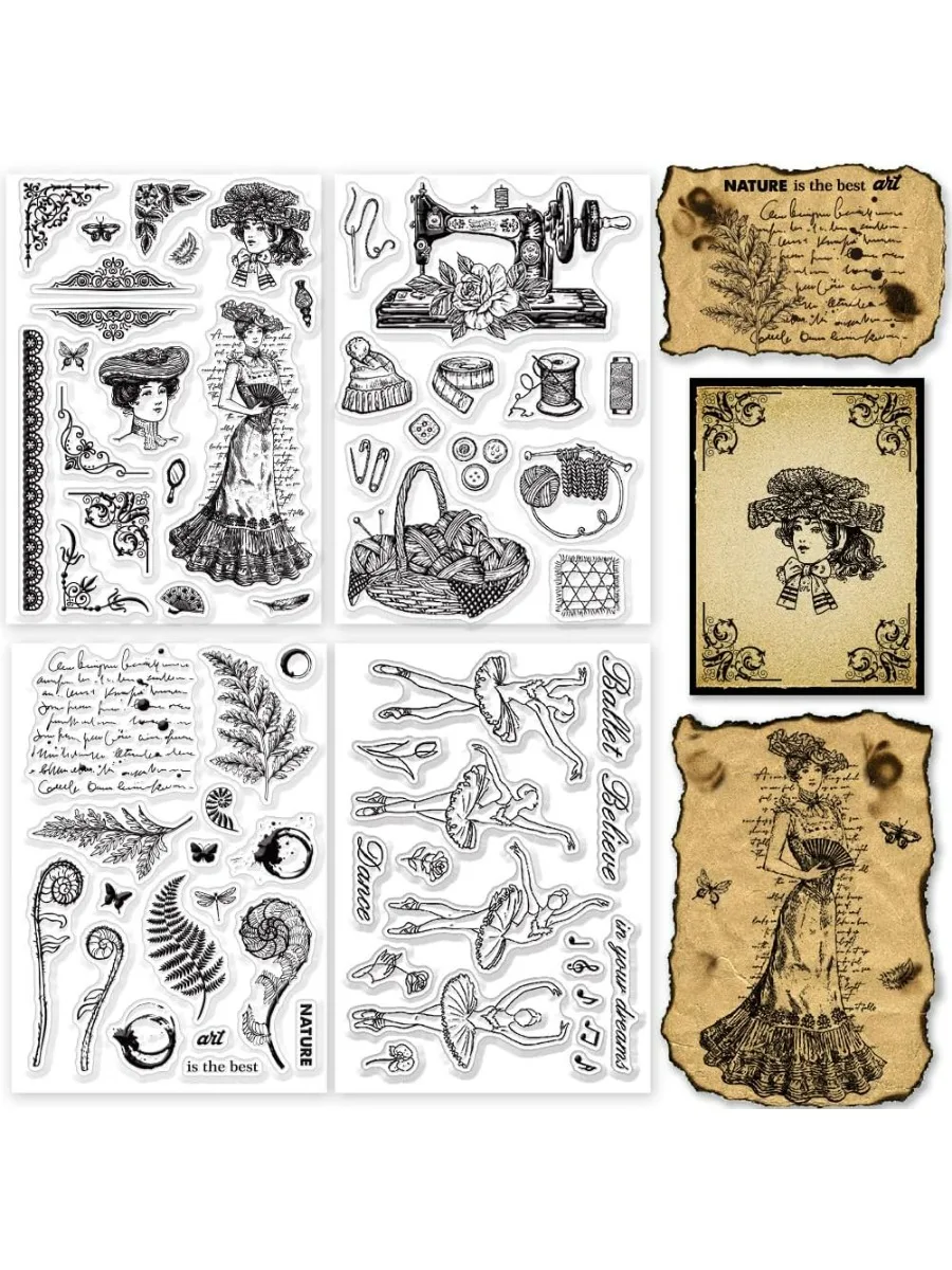 4 Sheets Retro Characters Clear Stamps for Card Making Vintage Woman and Ballet Silicone Clear Stamp Seals Transparent