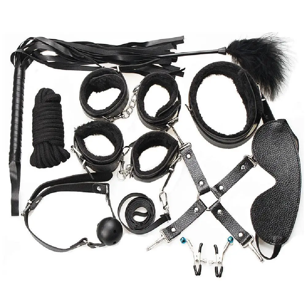10pcs Plush Leather SM Sexual Collar Blindfold Set Couple Clamps Bondage Set Handcuffs Black String Whip Bondage Kit