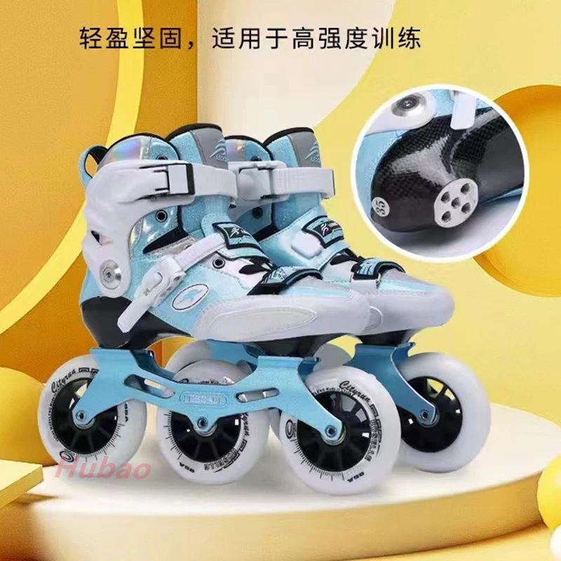 Kids Carbon Fiber Speed Skates 3 wheels Youth Inline Skates Roller Skates Roller Sneakers Blue Pink Size 27-38