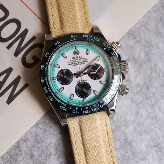 OKPLAY Men Chronograph Watch Pilot 39.5mm Quartz Wristwatch Sport Sapphire Mirror Luminous 100M Waterproof VK63 Mov