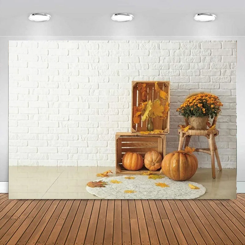 Thanksgiving Day Background for White Brick Wall Yellow Daisy Pumpkins Backdrops for Photography Harvest Decorations Banner Prop