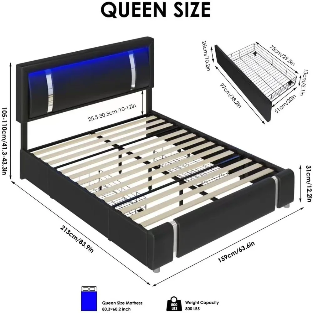 Queen Bed Frame with RGB LED Lights Headboard & 2 Storage Drawers|