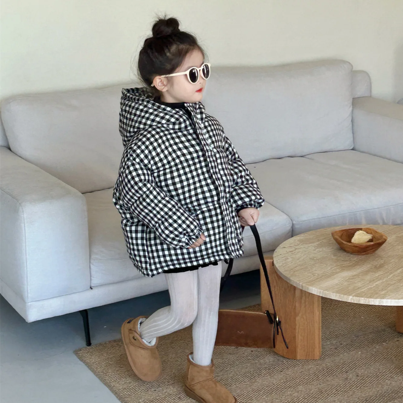 Girls Coat 2024 Winter New Childrens Clothing Baby Girls Cute Foreign Style Plaid Hooded Thick Warm Cotton-padded Casual