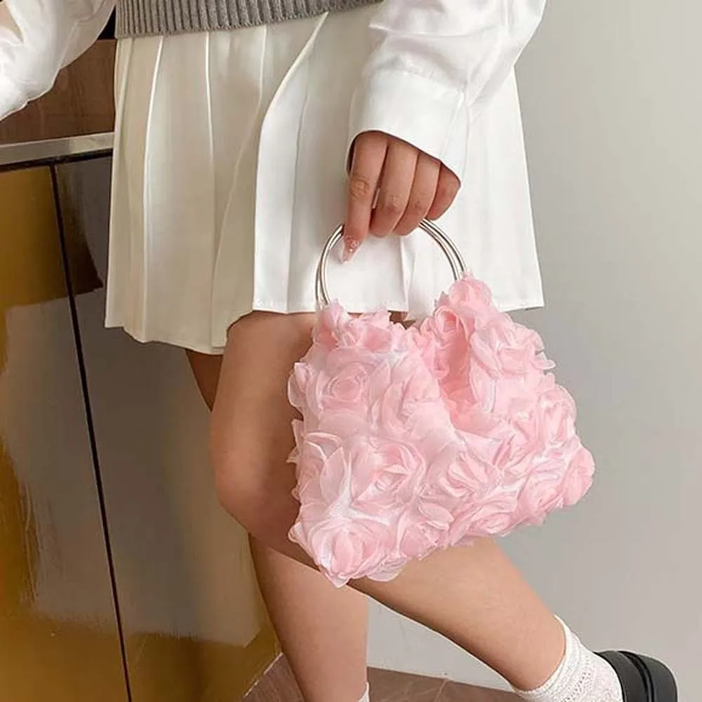 

Versatile Mesh Rose Clutch Bag Large Capacity Multi-function Wedding Handbag Polyester Magnetic Button Female Phone Organizer