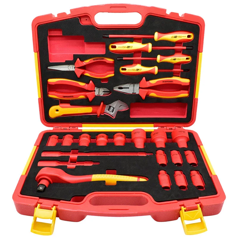 

25PCS 1000V VDE Insulated Tools 1/4 Ratchets Wrench Sockets Sets T-Handle Extensions Hex Bits Sockets Resistant to High Voltage