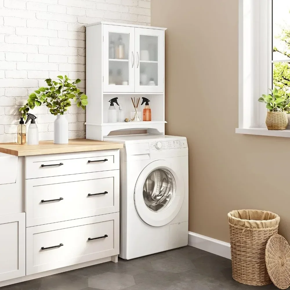 

Over Toilet Storage Cabinet with Double Tempered Glass Doors and Adjustable Shelf, Freestanding Bathroom Storage Rack