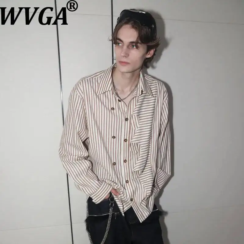 

WVGA Spring Autumn New Men's Striped Trendy Gold Coin Buttons Design Elegant Long Sleeve Shirt Niche Chic Casual Tops Ins W23658