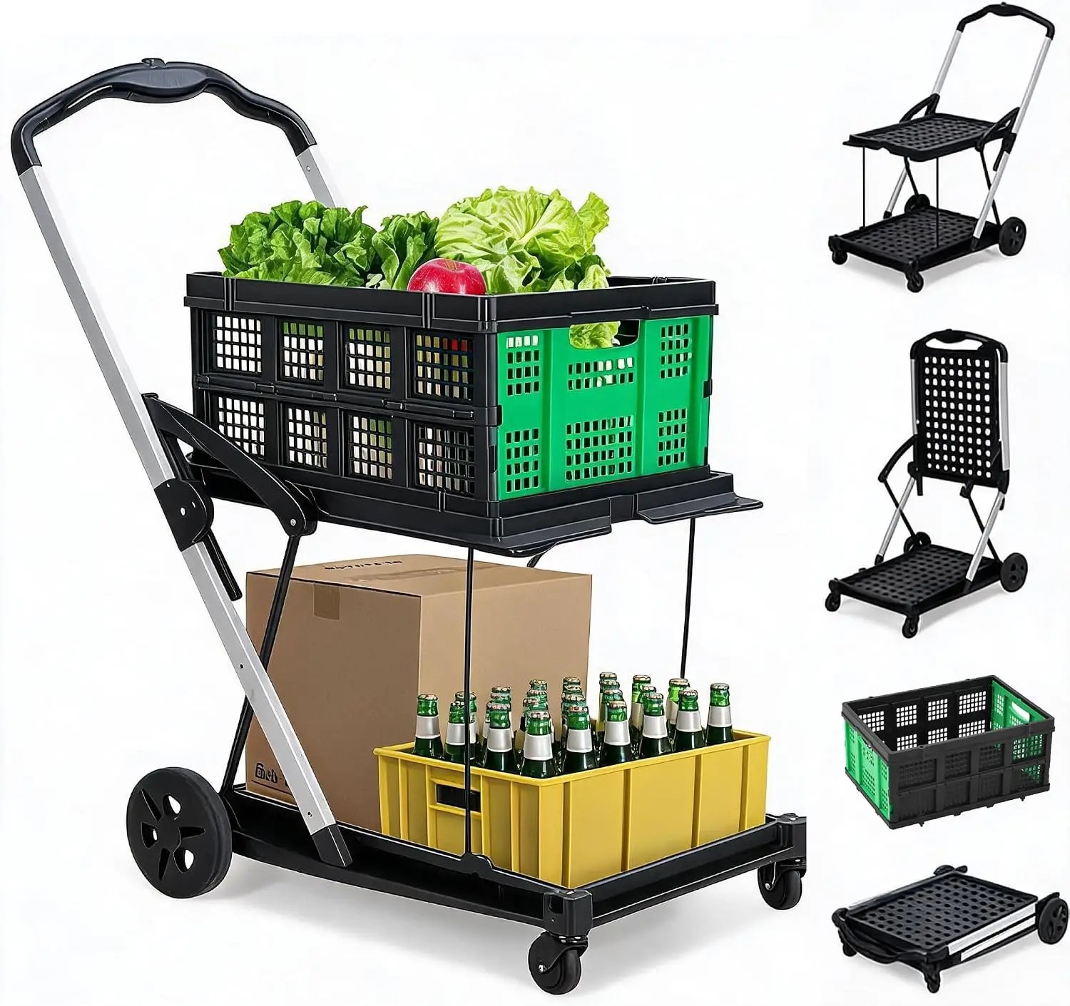 2-Tier Collapsible Garden Cart, Heavy-Duty 198 lbs Capacity, Lightweight Aluminum Frame, 360° Swivel Wheels, Removable Crate, Green – for Market, Home & Supermarket Use
