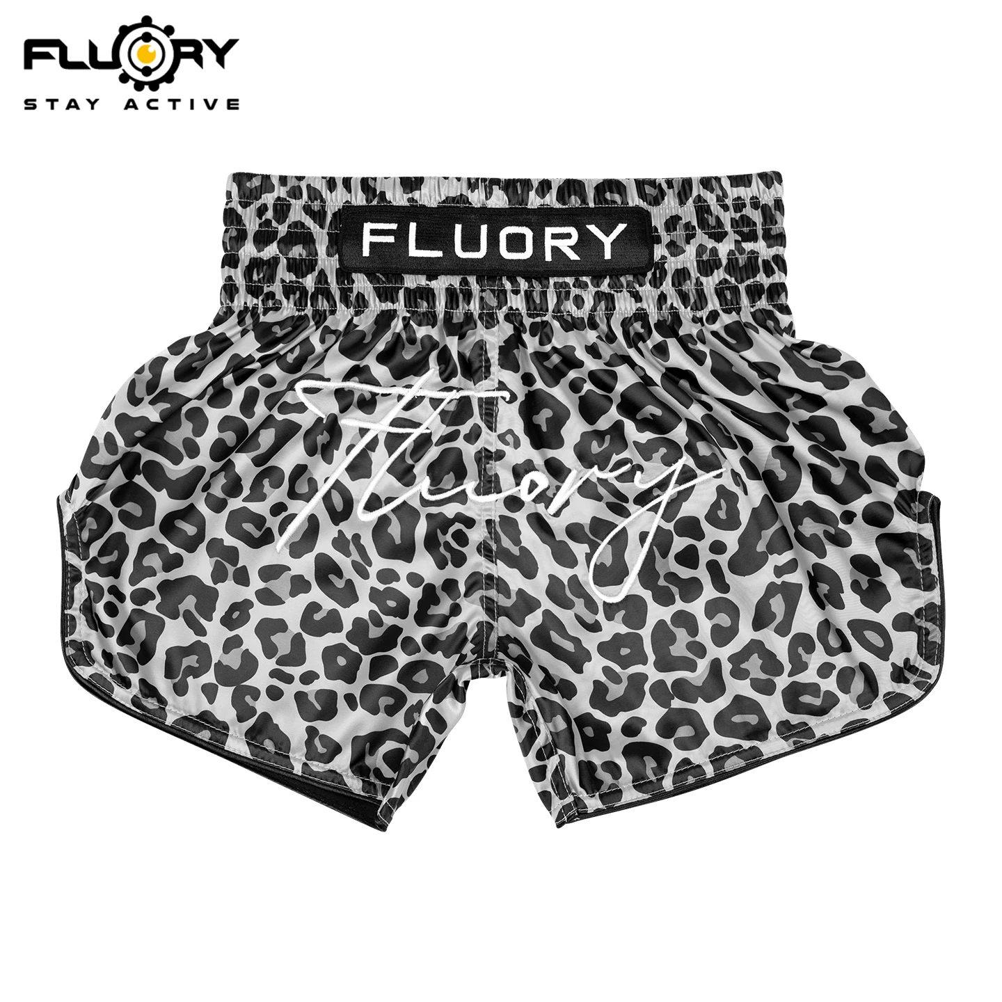 FLUORY Muay Thai shorts, grey leopard print embroidery, comfortable boxing training, casual sports pants and boxing shorts