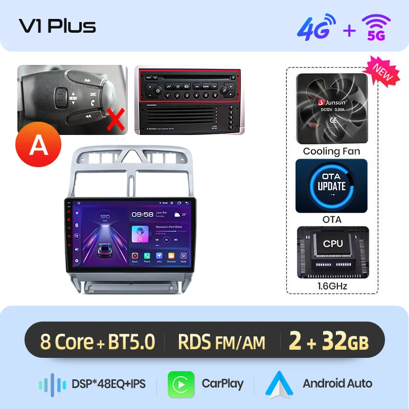 Junsun AI Draadloze CarPlay voor Apple Android Auto Radio Voor Peugeot 307 307CC 307 SW 2002-2013 GPS multimedia RDS WiFi Stereo