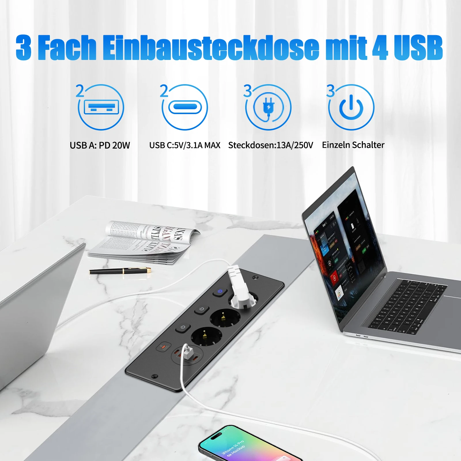 

Встроенная розетка 7-в-1: 3AC+2USB Type-C, быстрая зарядка PD 20 Вт, независимый выключатель, защита от перенапряжения, дом и офис