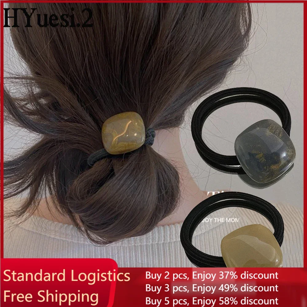 Classic Black Hair Ties With Gold Color Sand Stone Elastic Ponytail Rubber Band Simple Acrylic Square Shaped Charms Head Rope