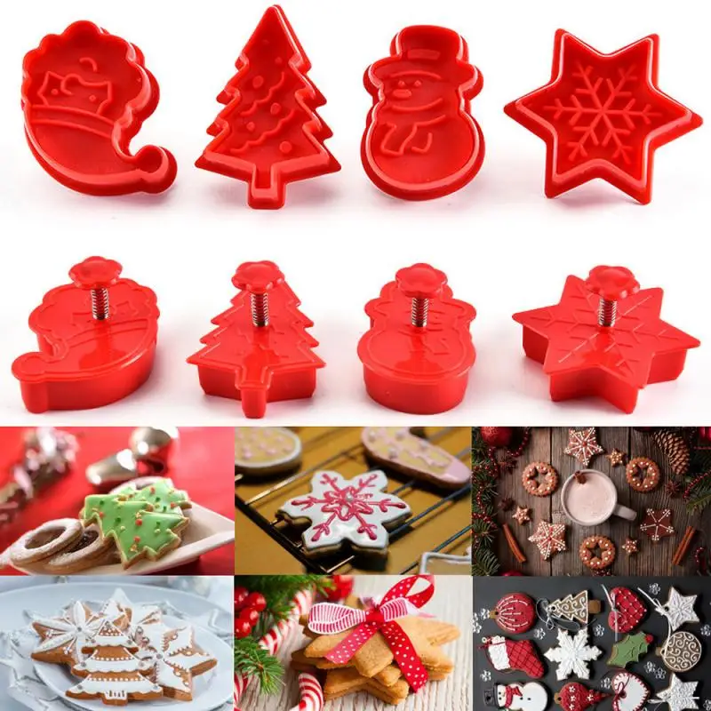 

4pcs Stamp Biscuit Mold 3D Cookie Plunger Cutter Pastry Decorating DIY Food Fondant Baking Mould Tool Christmas Tree Snowman