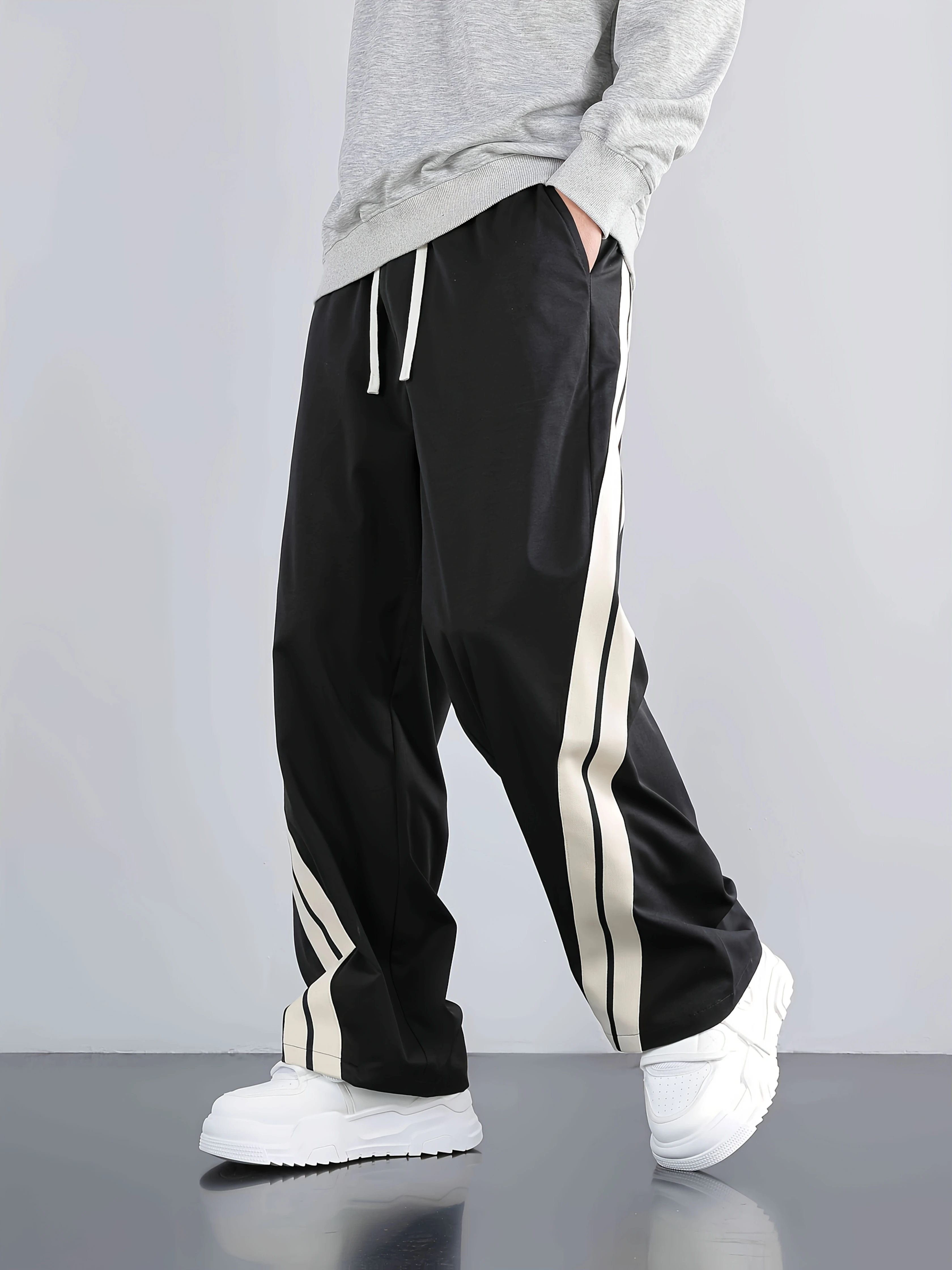 2026 Men Black Track Pants, Beige Double Side Stripes Drawstring Elastic Waist Loose Lightweight Casual Streetwear Trousers Kids