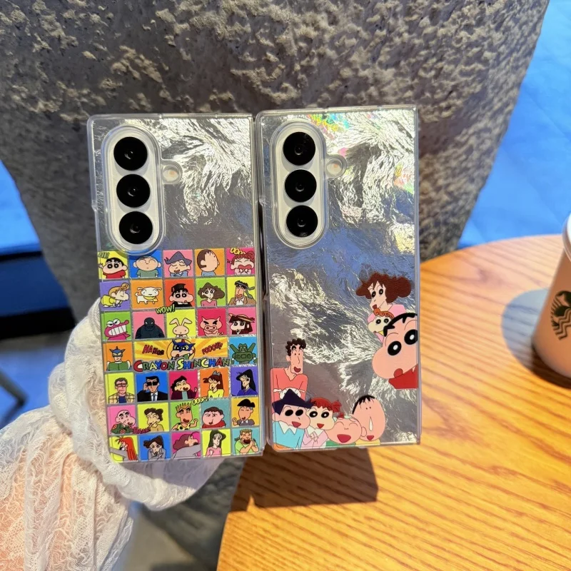 

Luxury laser cartoon Cute Crayon Shin-chan lattice Folding Phone Case For Samsung ZFold 3 4 5 6 7 3 ZFold7 Anime Shin-chan Cover