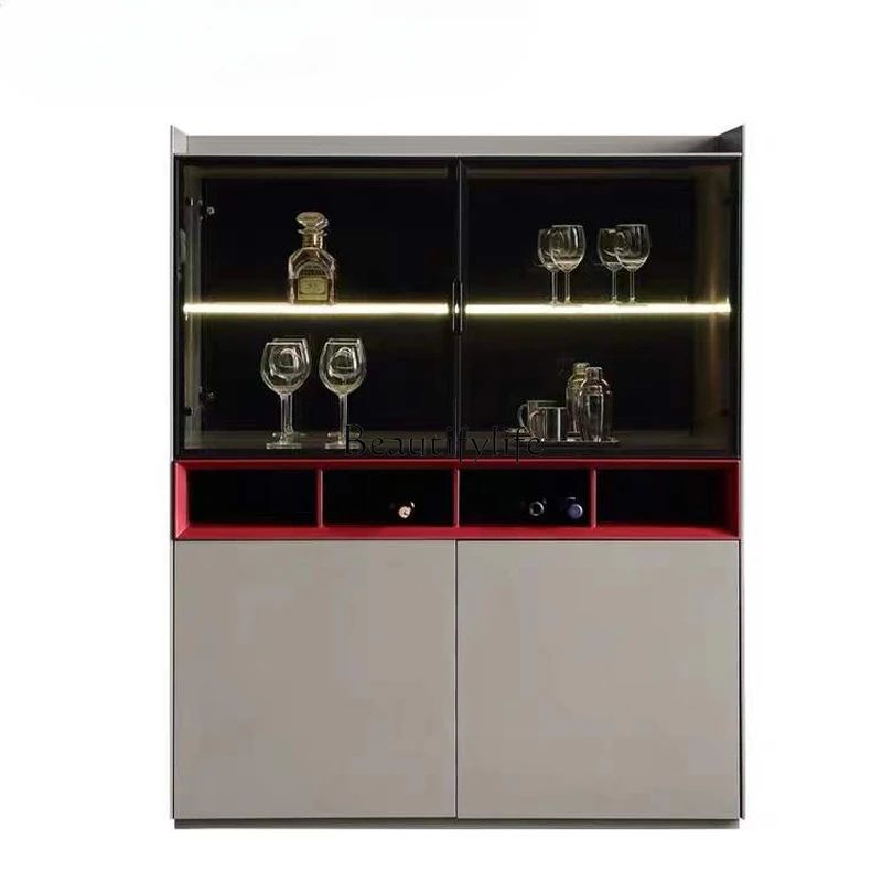 

Italian modern simple light luxury wine cabinet living room home against the wall high-grade glass double door with light