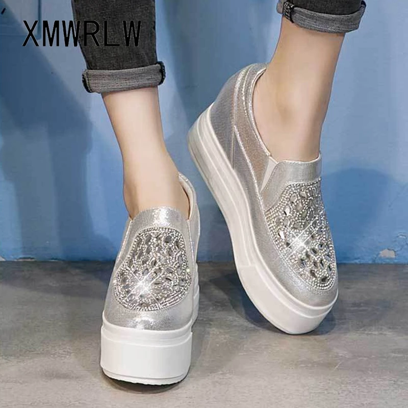 XMWRLW Women's Loafers Fashion Rhinestone Chunky Shoes For Women Platform Shoes Hidden Heel Slip on Female Loafers Wedges Shoe