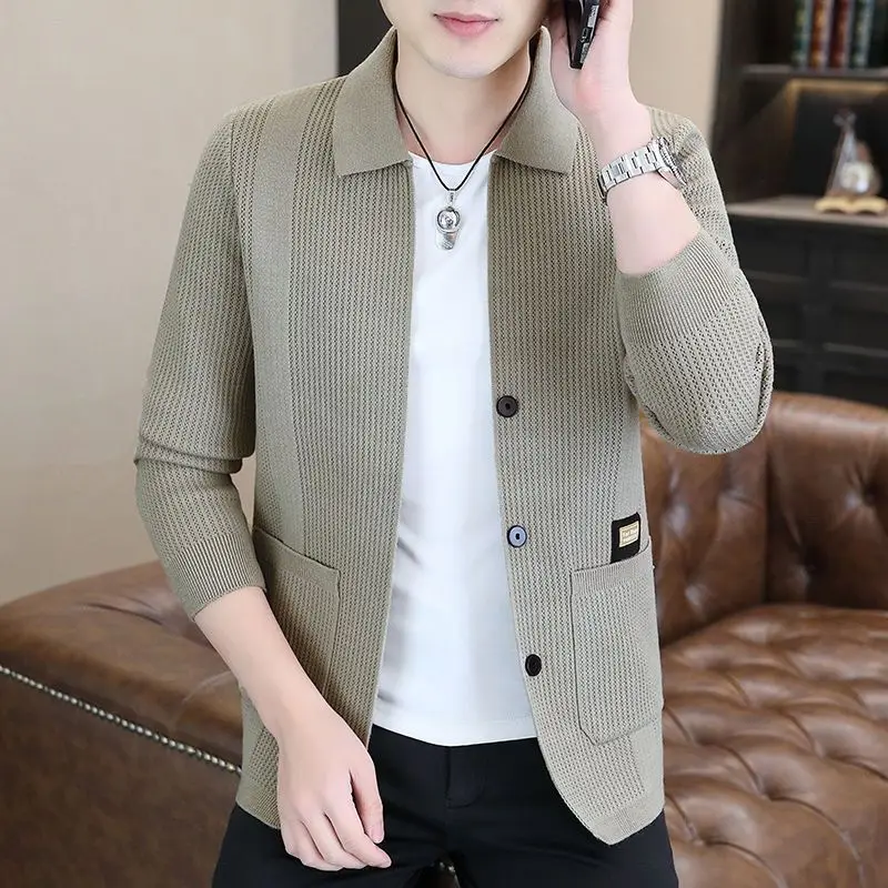 Collar Cardigan Men's Coat Versatile Knit Sweater Trendy Brand Slim Fit High-end Outerwear Shawl Men