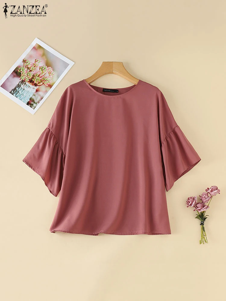 ZANZEA Casual Solid Color Blouse Holiday Ruffled Half Sleeve Tops 2024 Summer O-neck Tunics Korean Fashion Basic Blouse Femme