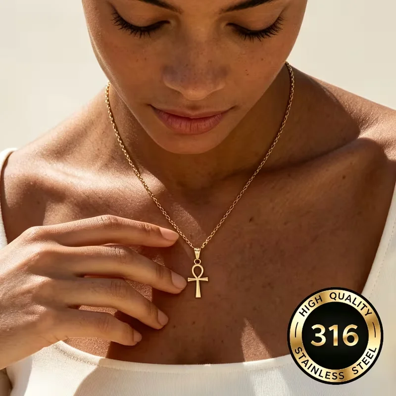 1PC Retro Egyptian Ankh Cross Necklace for Men and Women Hip-Hop Street Style Collarbone Chain Everyday Stainless Steel Necklace