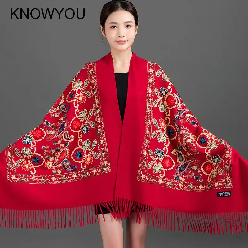 New Autumn 200*70Cm Winter Cashmere Pashmina Femme Embroidery Shawl Bufanda Travel Reversible Long Scarf Thick Warm Scarves Wrap