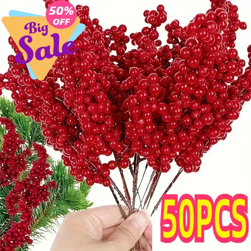 

50pcs Christmas Red Berries Branch Fake Plants Flowers Artificial Holly Berry Stamen Wreath Ornaments for Xmas Tree Home Decor