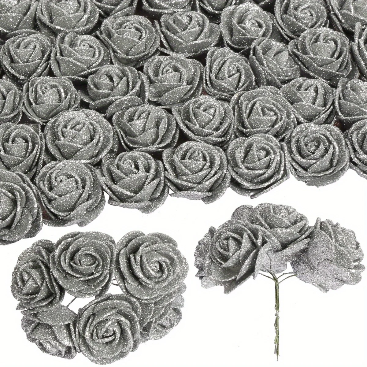 60Pcs Artificial Foam Flowers Glitter Roses with Stems for DIY Wedding Bridal Bouquet Home Party Christmas Decoration