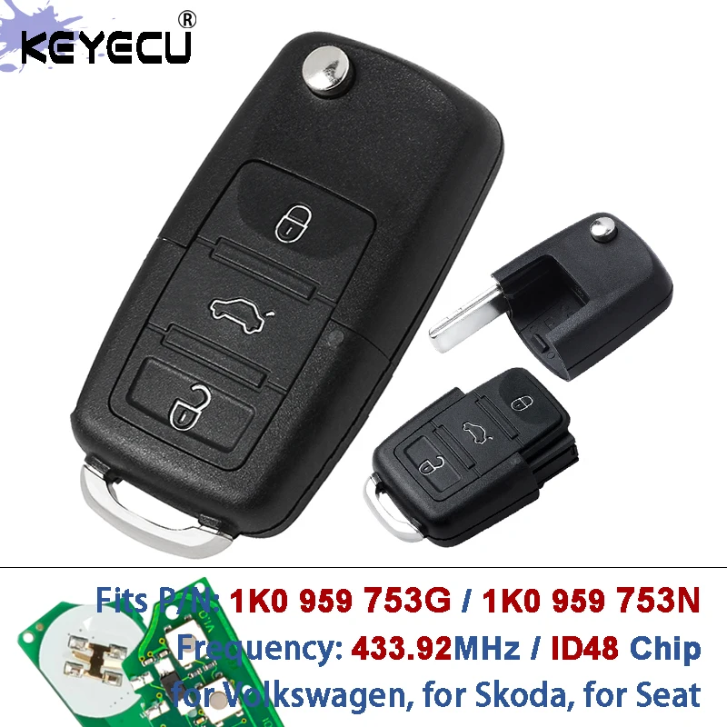 

KEYECU 434 МГц ID48 чип 1K0 959 753 G/1K0 959 753 N 3-кнопочный откидной пульт дистанционного управления для Volkswagen, для Skoda, для Seat
