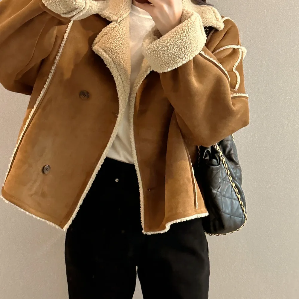 Korean Style Chic Long Sleeve Double Breasted Pure Color Suede Jacket Autumn Winter Fashionable Versatile Suit Collar Outerwear