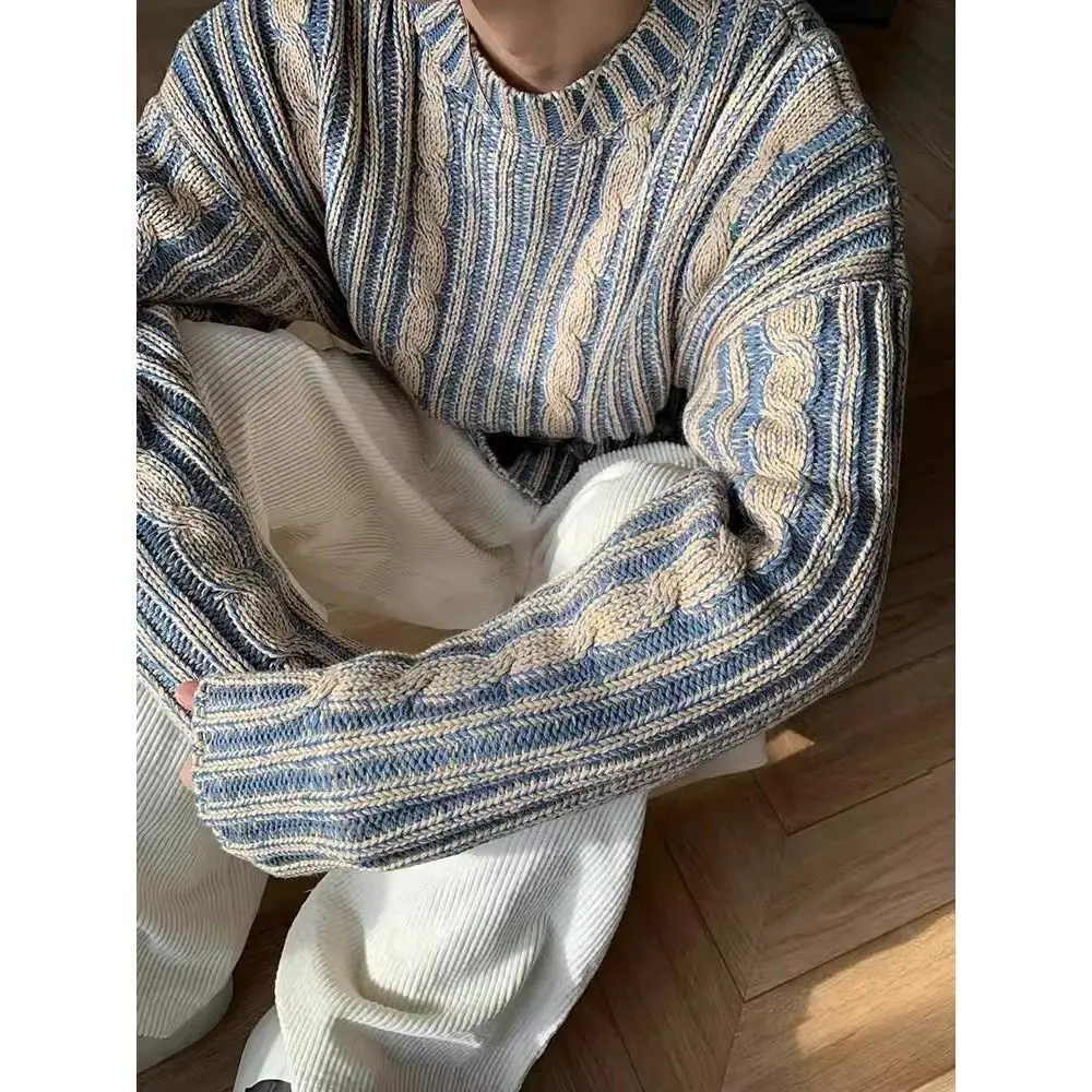 

Luxury Fashion Striped Knitted Sweaters Men Autumn Streetwear Y2k Harajuku Vintage Jumper Long Sleeve O-neck Tops Mens T-shirts