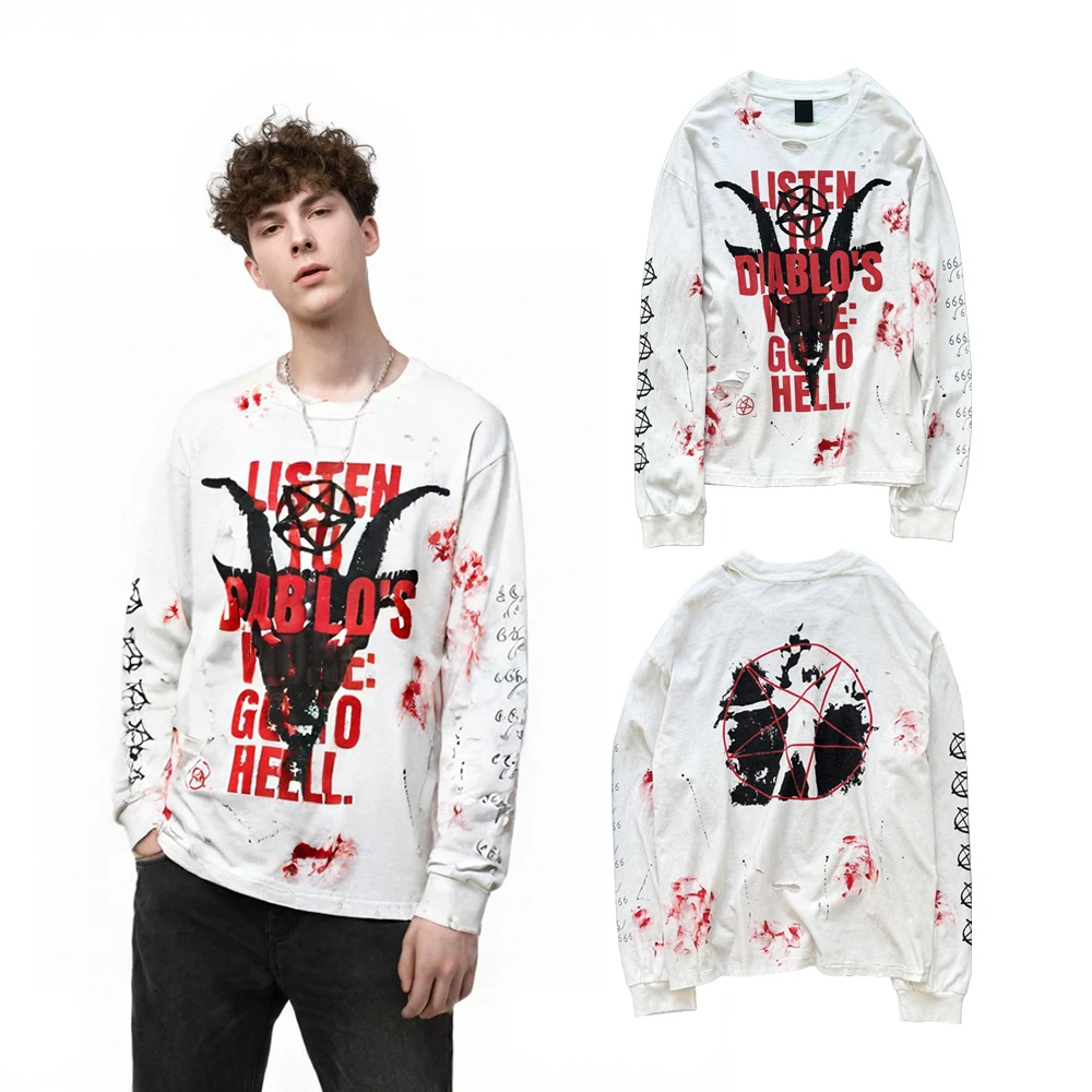 Y2k Streetwear Evil Demon Graphic T Shirts Hip Hop Street Style Cotton Retro Print Ripped Hole Casual Clothing Full Sleeved Tees