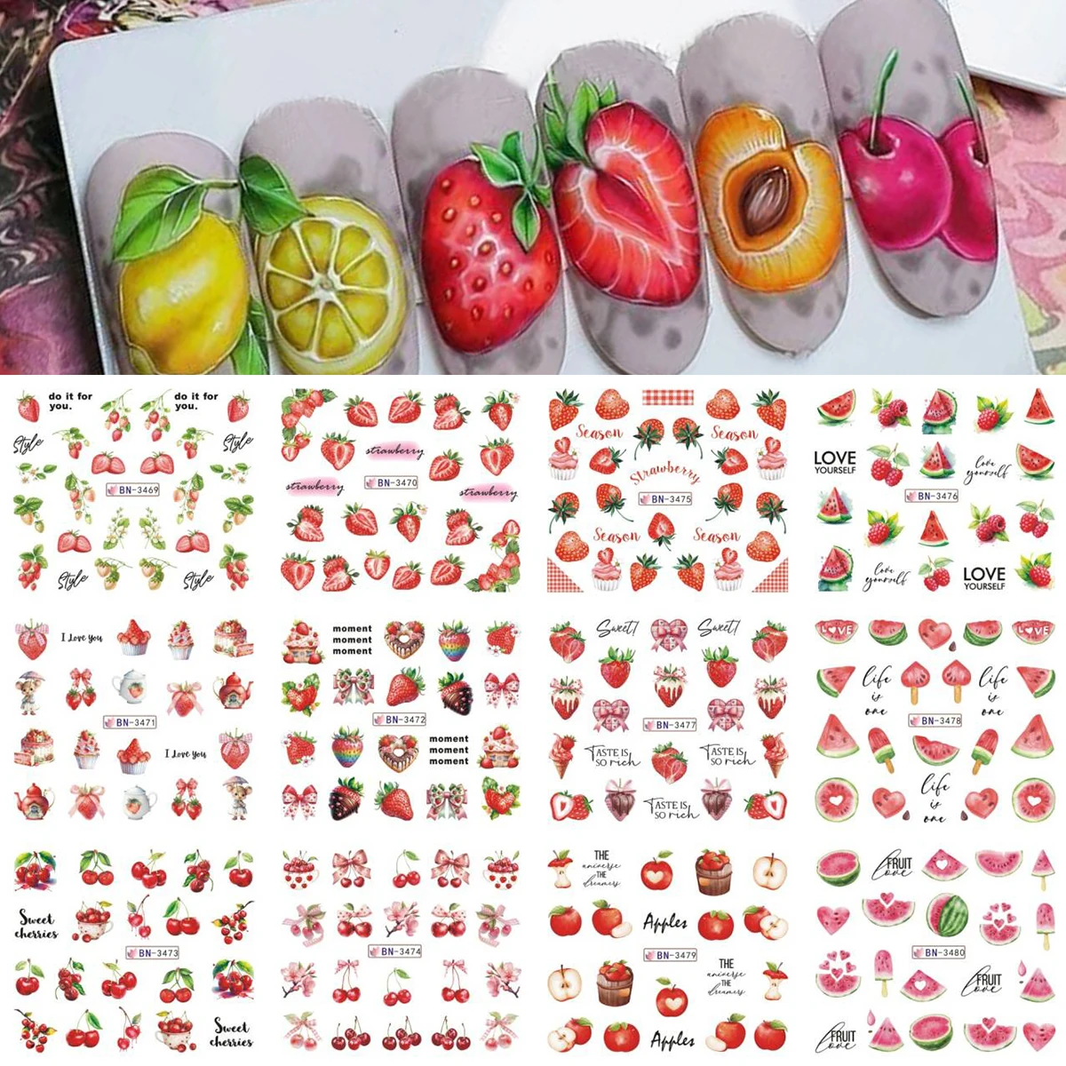 12 Design Summer Fruit Nail Stickers Strawberry Watermelon Cherry Cake Bow Apple Water Transfer Nail Art Decals Sliders