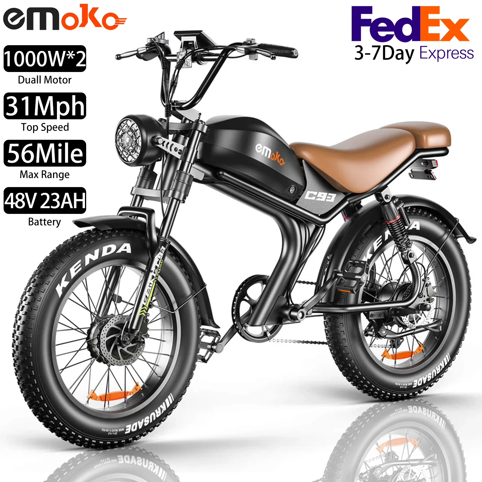 

Электрический горный велосипед EMOKO, 20x4,0 дюйма, 2000 Вт, 31 миль в час, полная подвеска, 48 В, 23 Ач, 56 мили, вездеходный электрический мотоцикл