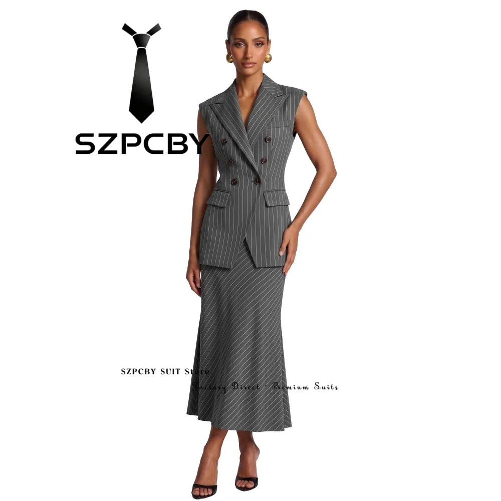 Women's Skirt Suit Pinstripe Double Breasted Office Workwear Tailored Sleeveless Blazer Vest+Midi Skirt 2 Piece Business Set