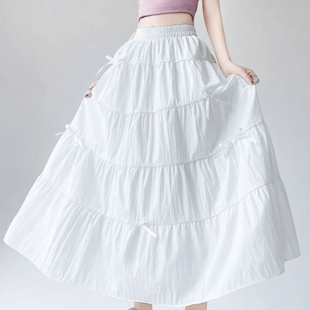 

Bowknot Tiered Midi Skirt Hight Waist Pleated Long Cake A-line Skirts Solid Color Chic Seven Point Long Dress Korea Style