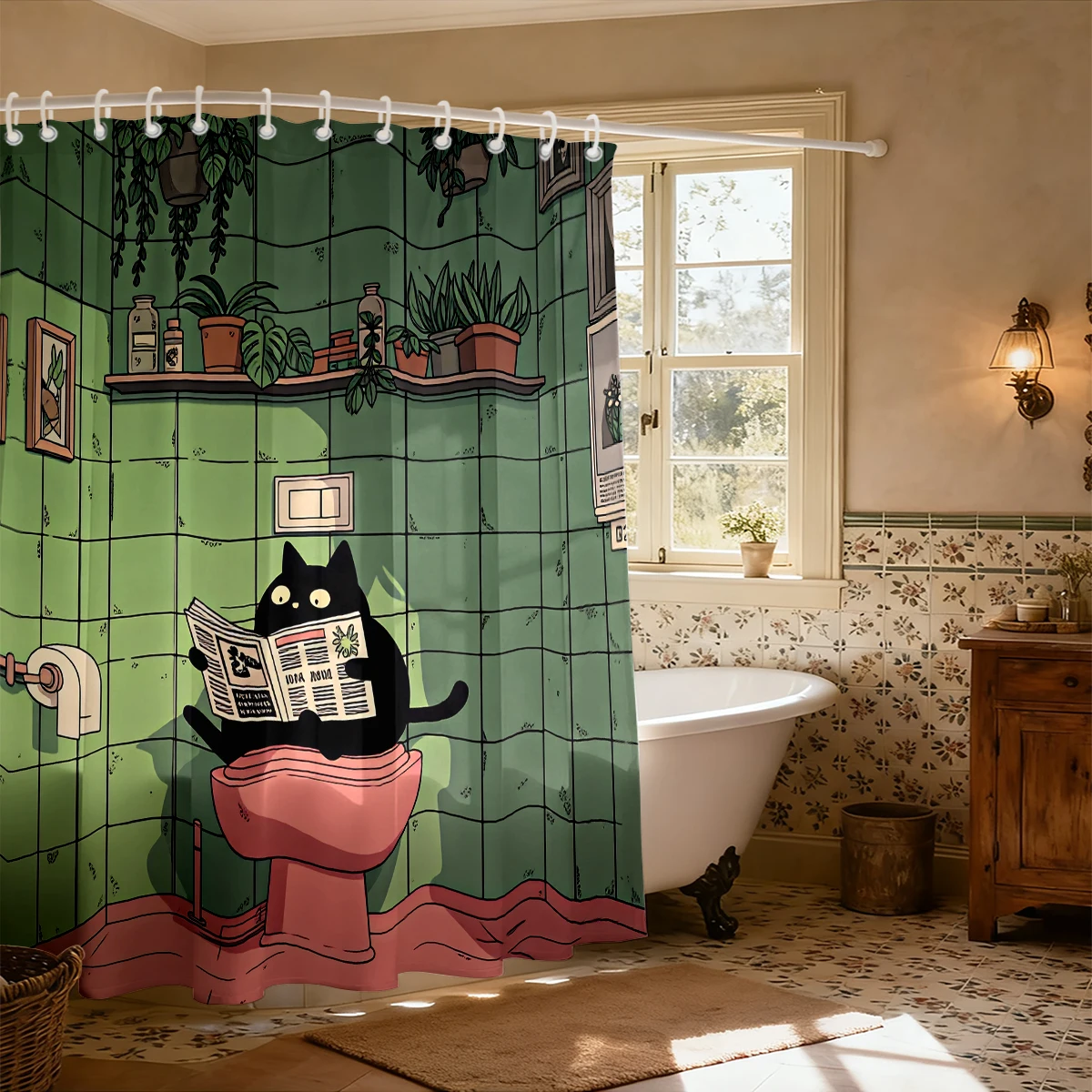 1PC Retro Bathroom Newspaper Reading Black Cat Shower Curtain, Waterproof Shower Curtain, Partition and Privacy Hanging Curta view 4