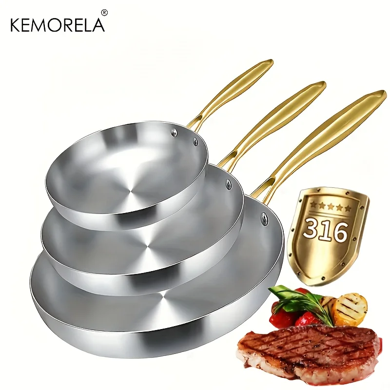 

KEMORELA 3PCS 316 Stainless Steel Gold Handle Non-Stick Frying Pan Set 2MM Thick 5-Ply Wok Pan Food Grade Safety Multiple Sizes