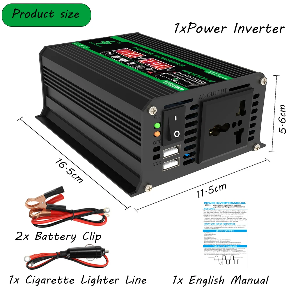 Convertitore solare a onda sinusoidale da 4000 W doppio LCD digitale DC12v a AC 110 V/220 V Convertitore portatile per auto da campeggio RV