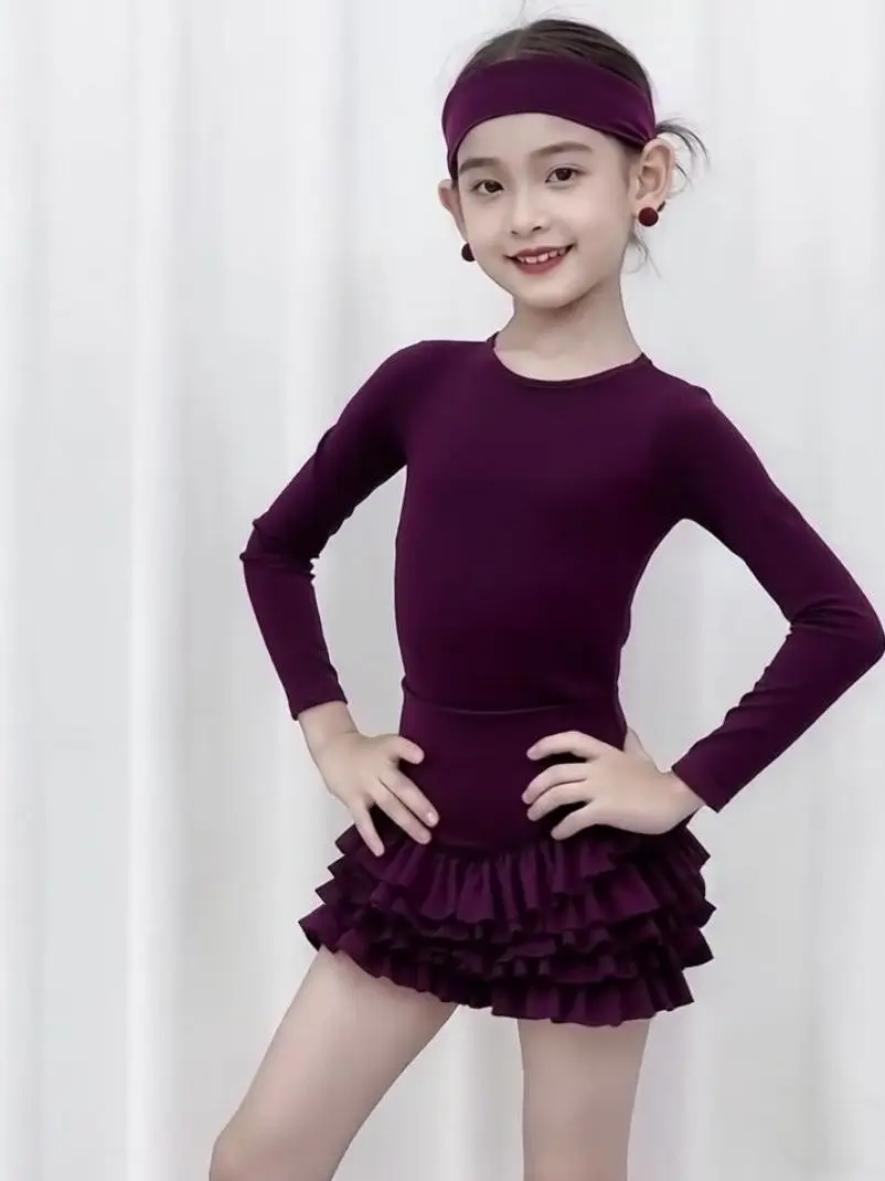 Novo Vestido de Dança Latina de Manga Longa para Primavera/Verão com Saia em Camadas – Estiloso para o Dia a Dia de Meninas, ...
