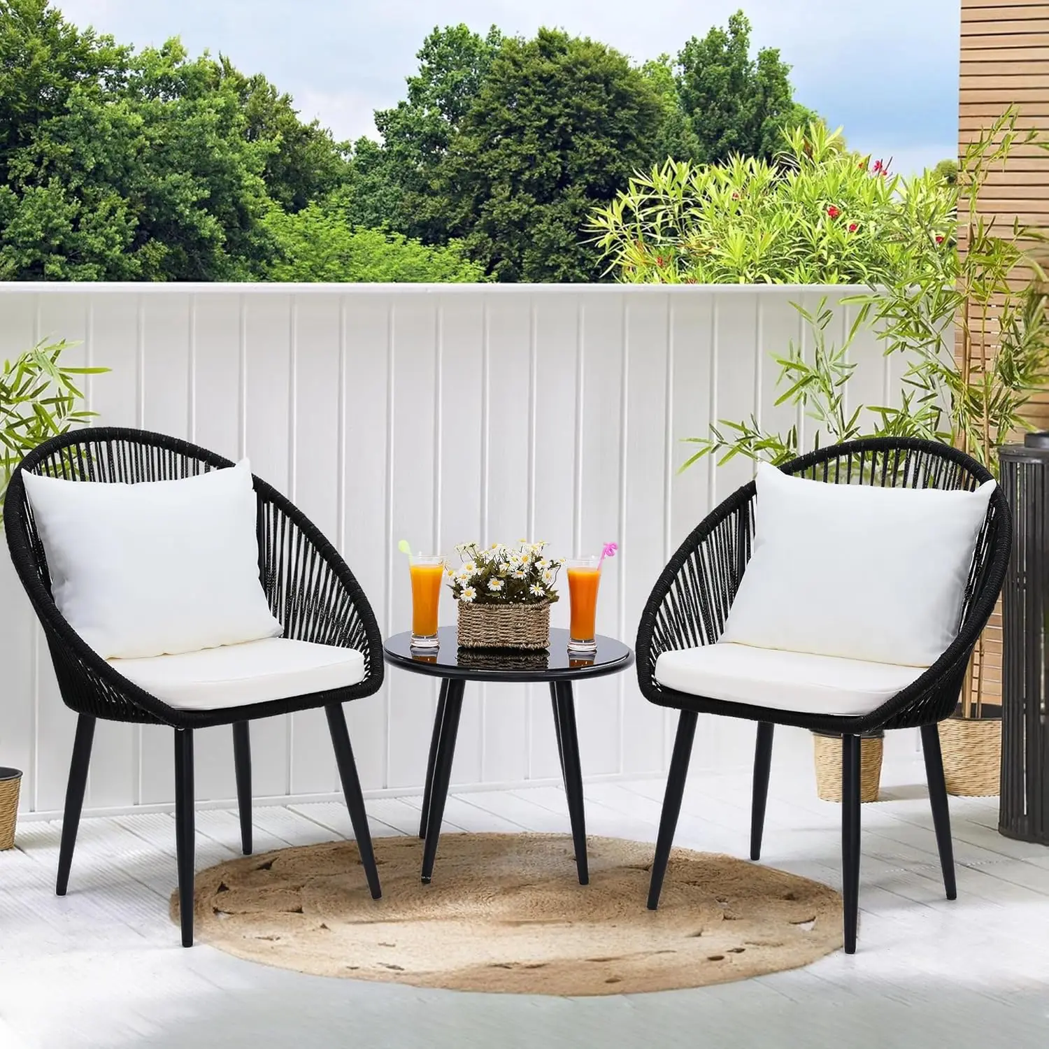 3 Stuks Bistro Set, Geweven Touw Stoel Met Kussens, All Weather Patio Conversatie Set En Bijzettafel, Voor Dek, Zwembad, Zwart