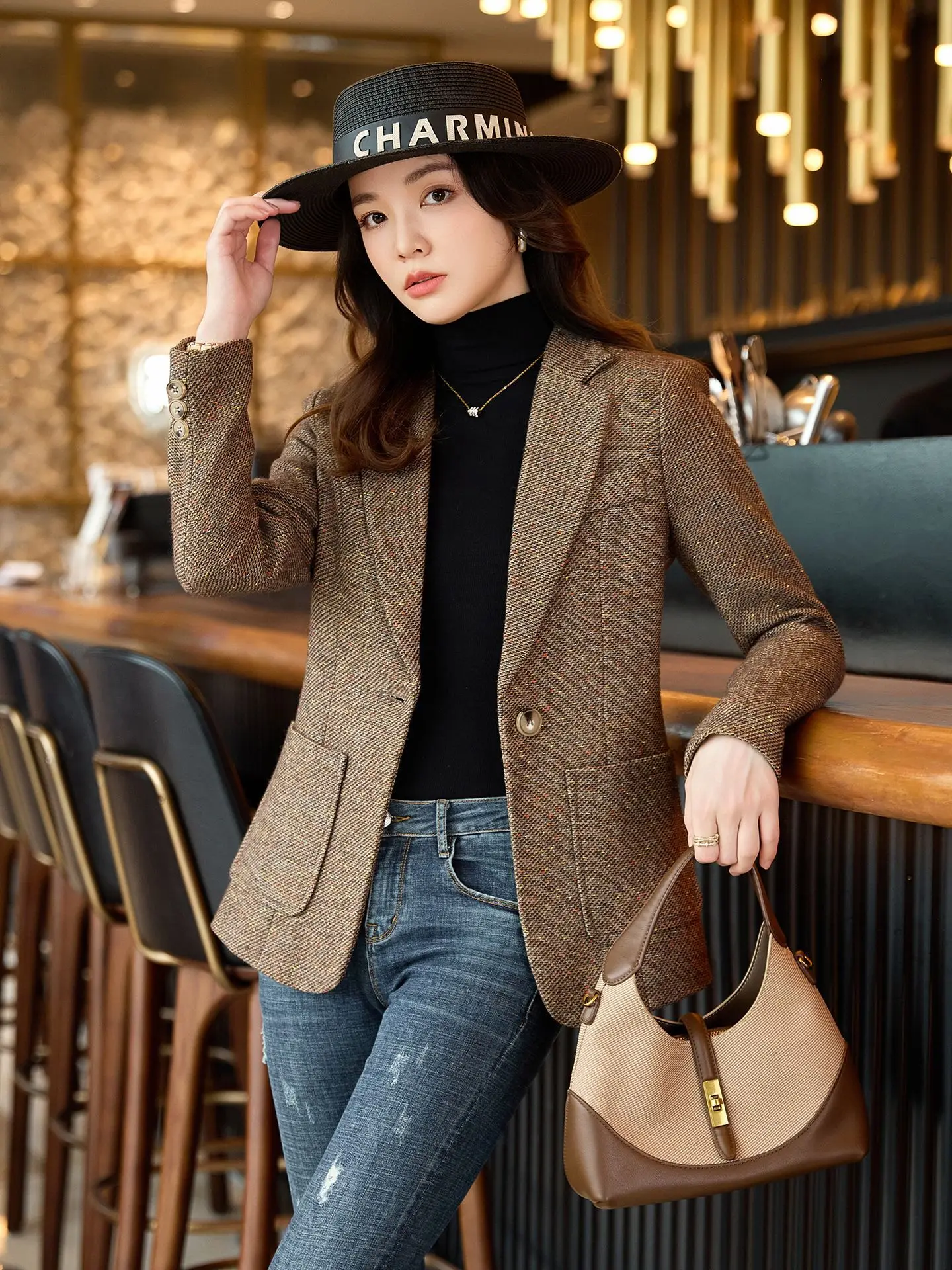 

Autumn Winter New Chic Blazer Coats Women's Woolen Jackets Long Sleeve Notched Vintage Thick Outerwears Elegant Female Clothes