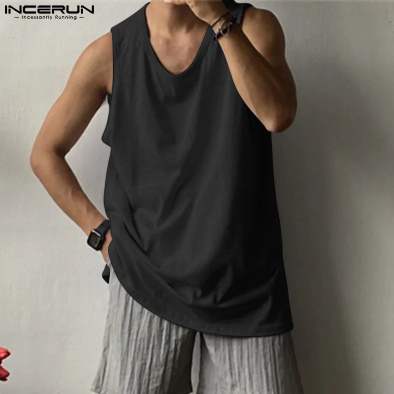 INCERUN Men Tank Tops Solid O-neck Sleeveless Summer Casual Male Vests Streetwear 2024 Loose Breathable Fashion Men Clothing