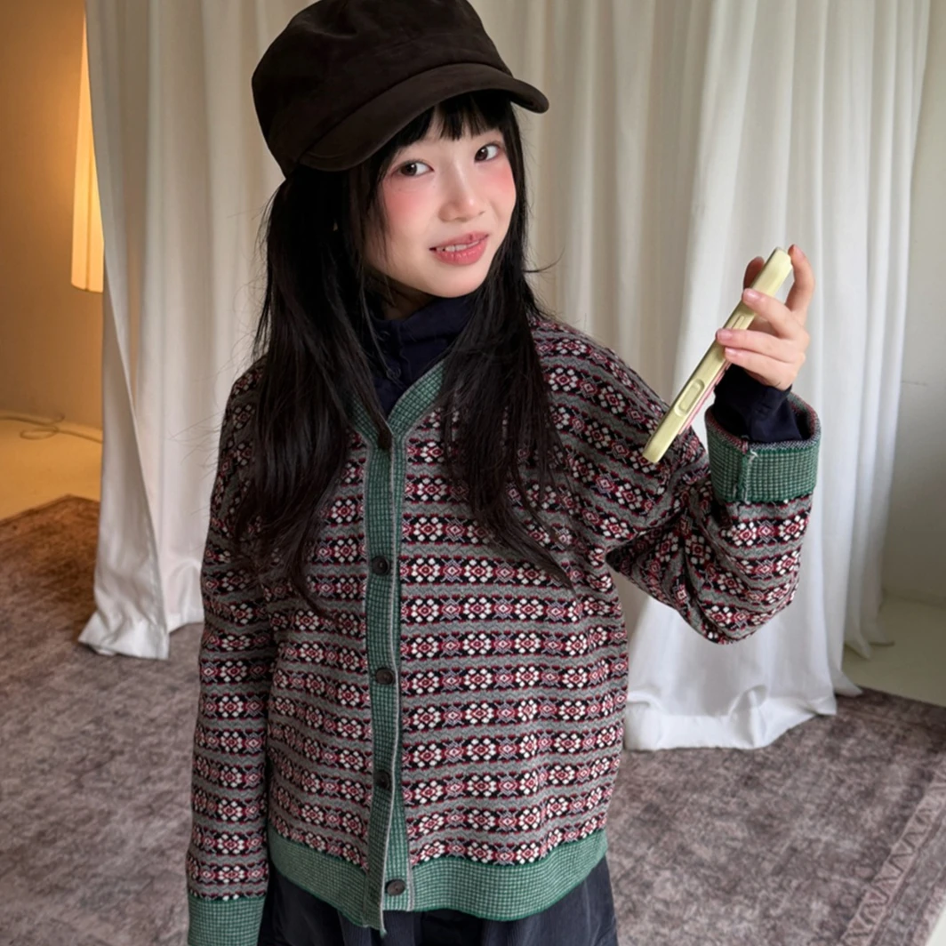 Girls Sweater 2026 Autumn/winter New Children's Clothing Korean Style Girls Baby Fashion Retro Fair Isle Jacquard Cardigan