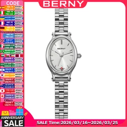 BERNY Women Watch Fashion Ruby Ladies Wristwatch Oval Silver Quartz Jewelry Bracelet Set Minimalist Watch Small Ladies Watches