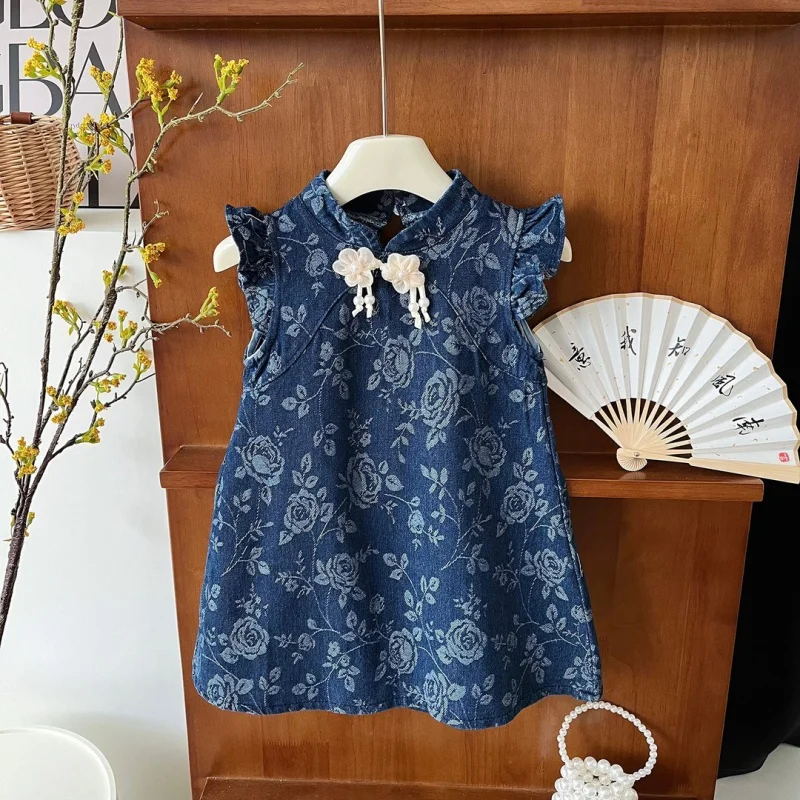 2024Girls' National Style Buckle Cheongsam Dress Summer New Retro Flounced Sleeve Denim Dress Fashionable-WSNY