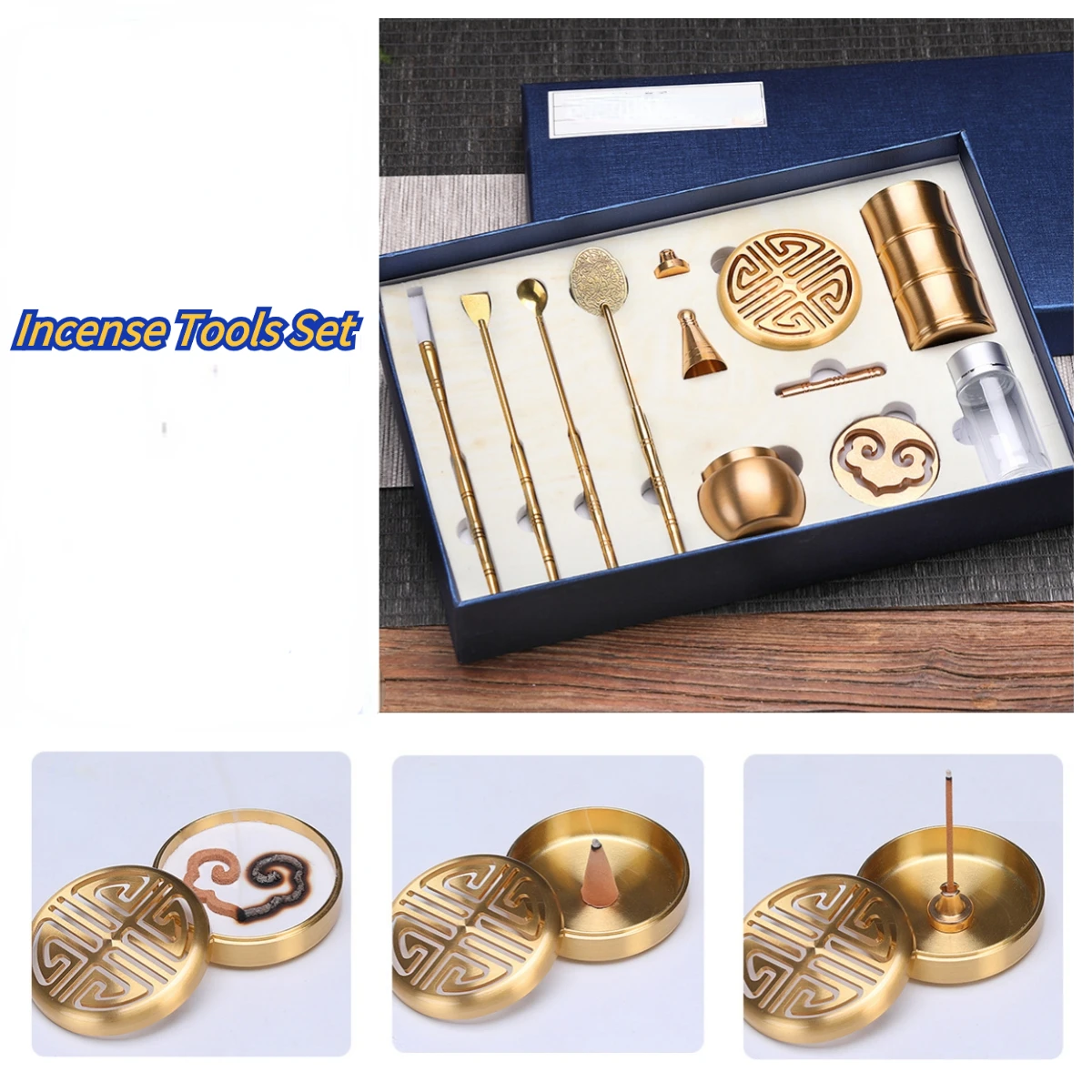 Incense Ceremony Tools Set Incense Powder Topping Seal Mould Tools Tray Seal Beating Brass Incense Burner Gift